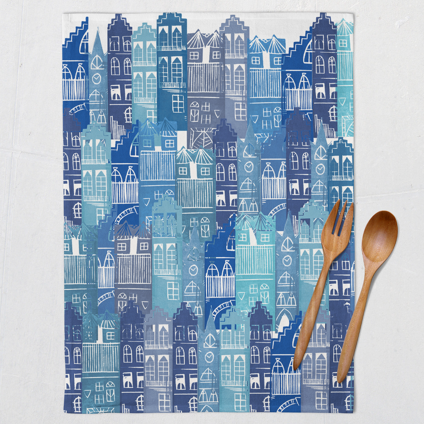 Edinburgh Tenements Tea Towel (Blues)